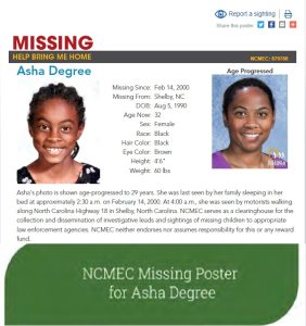 Poster of Asha Degree, missing since February 2000. Learn more at www.missingkids.org