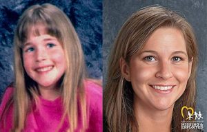 Side-by-side age-progression photos of Morgan Nick made by NCMEC
