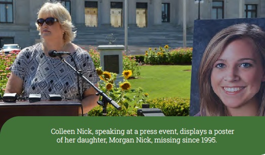Colleen Nick, speaking at a press event, displays a poster of her daughter, Morgan Nick, missing since 1995.